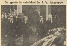 14 Februarie 1984 . DELEGAŢIA DE PARTID Şl DE STAT CONDUSĂ DE TOVARĂŞUL NICOLAE CEAUŞESCU A PLECAT LA MOSCOVA PENTRU A PARTICIPA LA FUNERALIILE TOVARÂŞULUI I. V. ANDROPOV