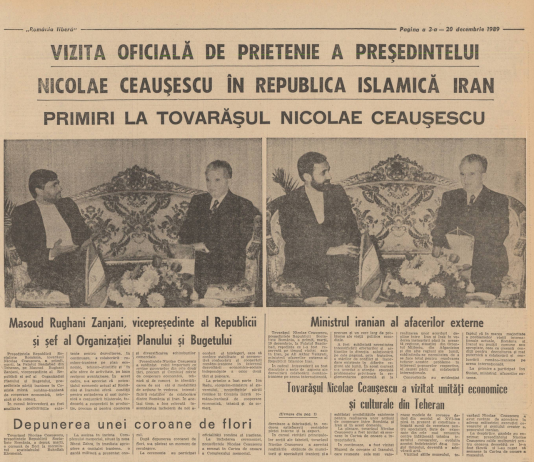 Ziarul „România Liberă” din 20 decembrie 1989 – Tovarăşul Nicolae Ceauşescu, a primit, marţi, la Palatul Saadabad din Teheran, pe Masoud Rughani Zanjani, vicepreşedinte al Republicii Iran si pe Ministrul iranian al afacerilor externe