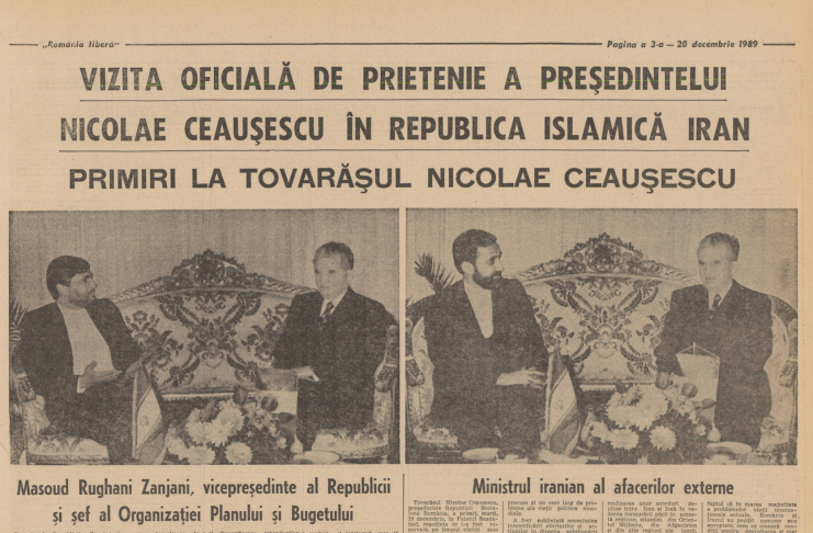 Ziarul „România Liberă” din 20 decembrie 1989 – Tovarăşul Nicolae Ceauşescu, a primit, marţi, la Palatul Saadabad din Teheran, pe Masoud Rughani Zanjani, vicepreşedinte al Republicii Iran si pe Ministrul iranian al afacerilor externe