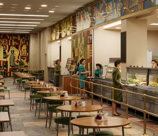 Restaurantul cu autoservire „Modern”, situat în Piața Palatului (zona Sălii Palatului).